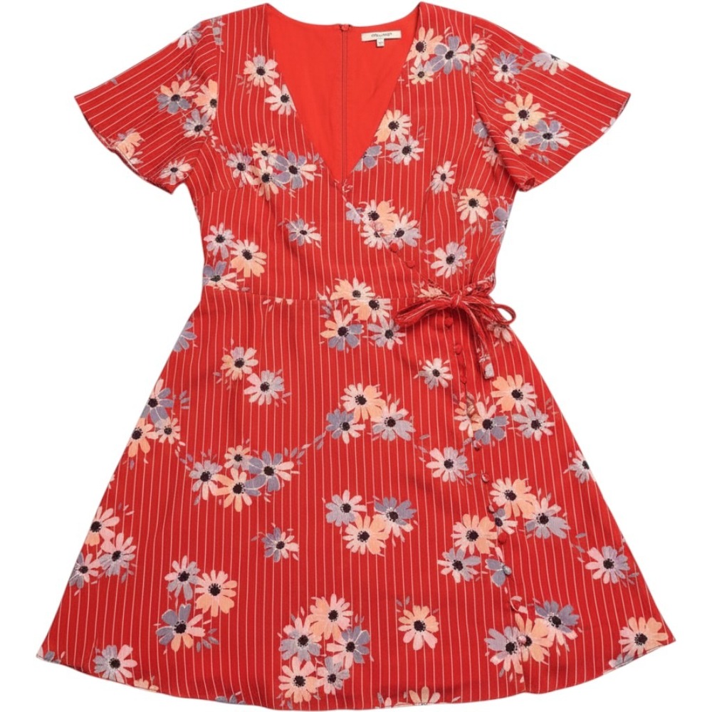 Madewell Red Floral Pinstripe Faux Wrap Mini‎ Dress Short Flutter Sleeve Size 6